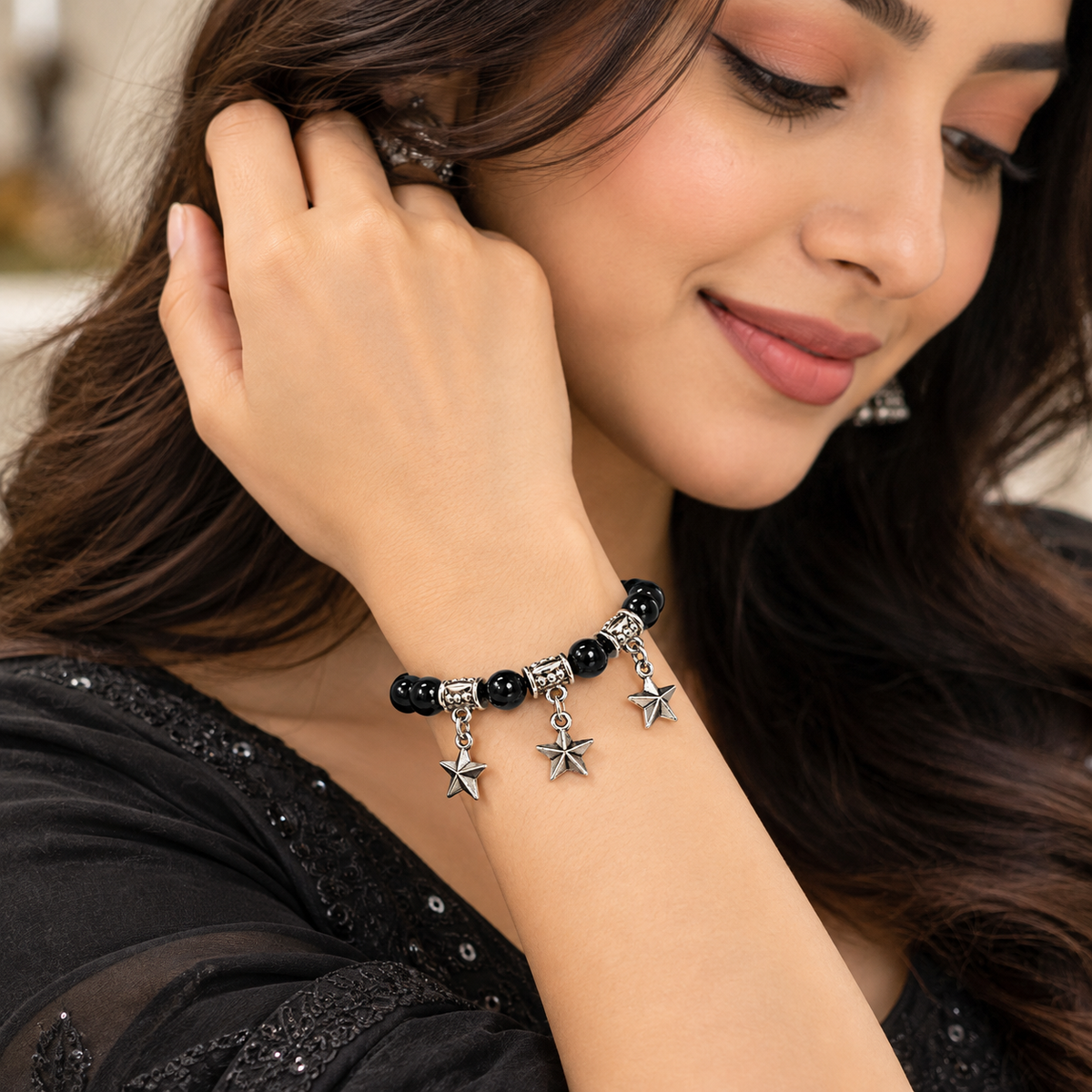 The99Jewel Stylish Black Beaded with Star Charm Bracelet for Women & Girls