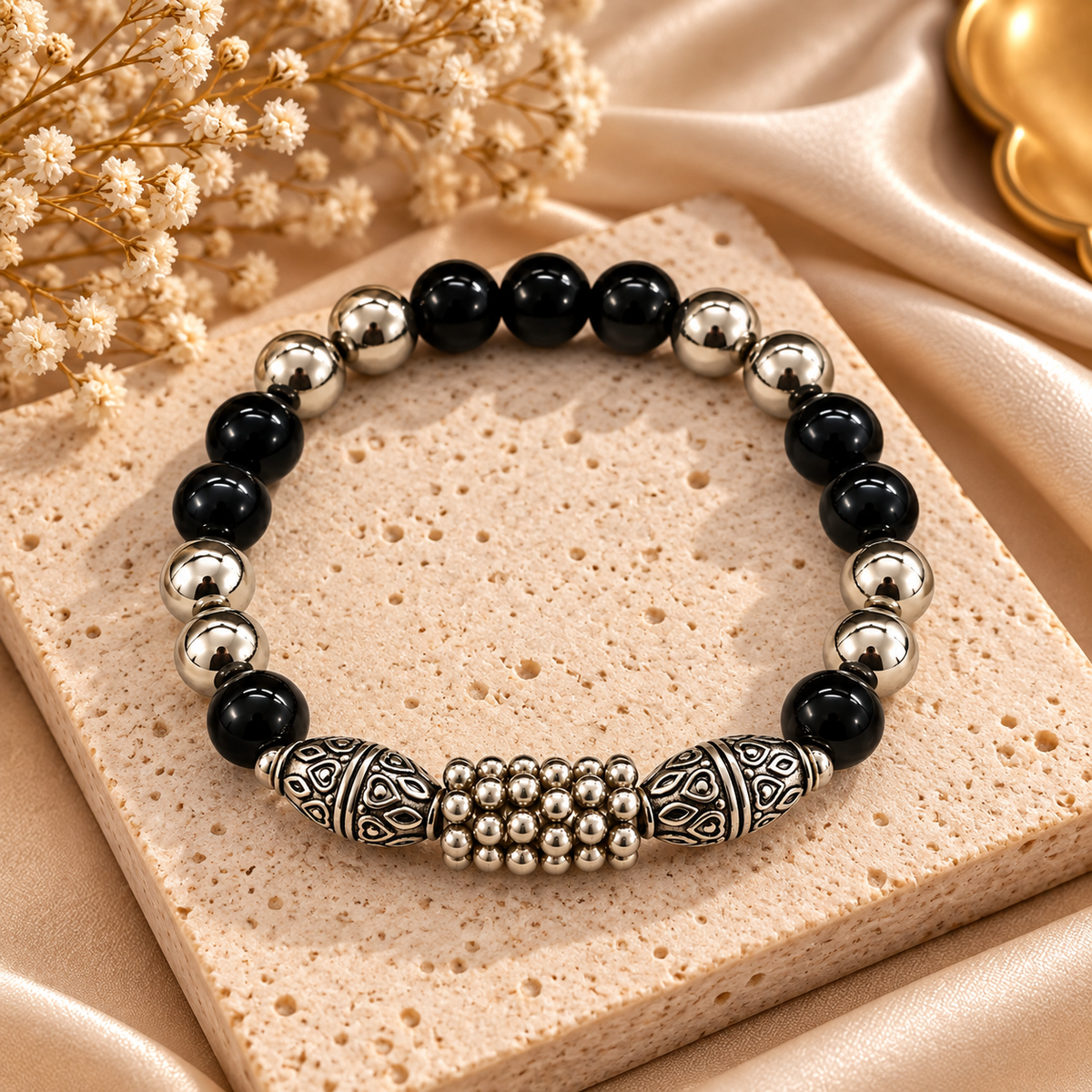 The99Jewel Stylish Black Beaded with Oxidised Charm Bracelet for Women & Girls
