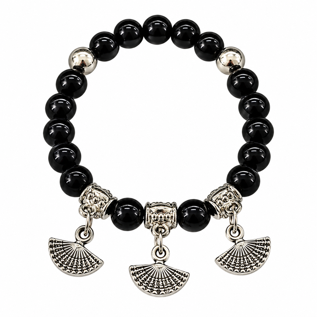 The99Jewel Stylish Black Beaded Hand Fan Charm Bracelet for Women & Girls