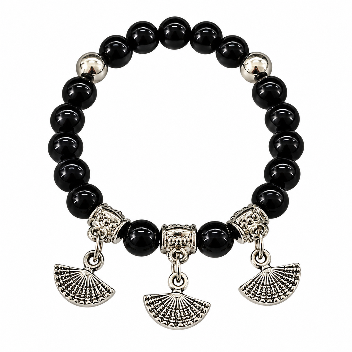 The99Jewel Stylish Black Beaded Hand Fan Charm Bracelet for Women & Girls