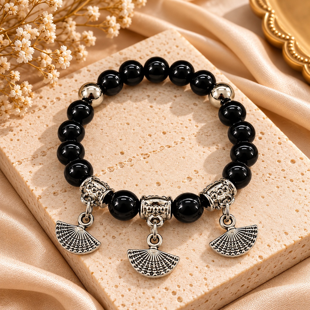 The99Jewel Stylish Black Beaded Hand Fan Charm Bracelet for Women & Girls