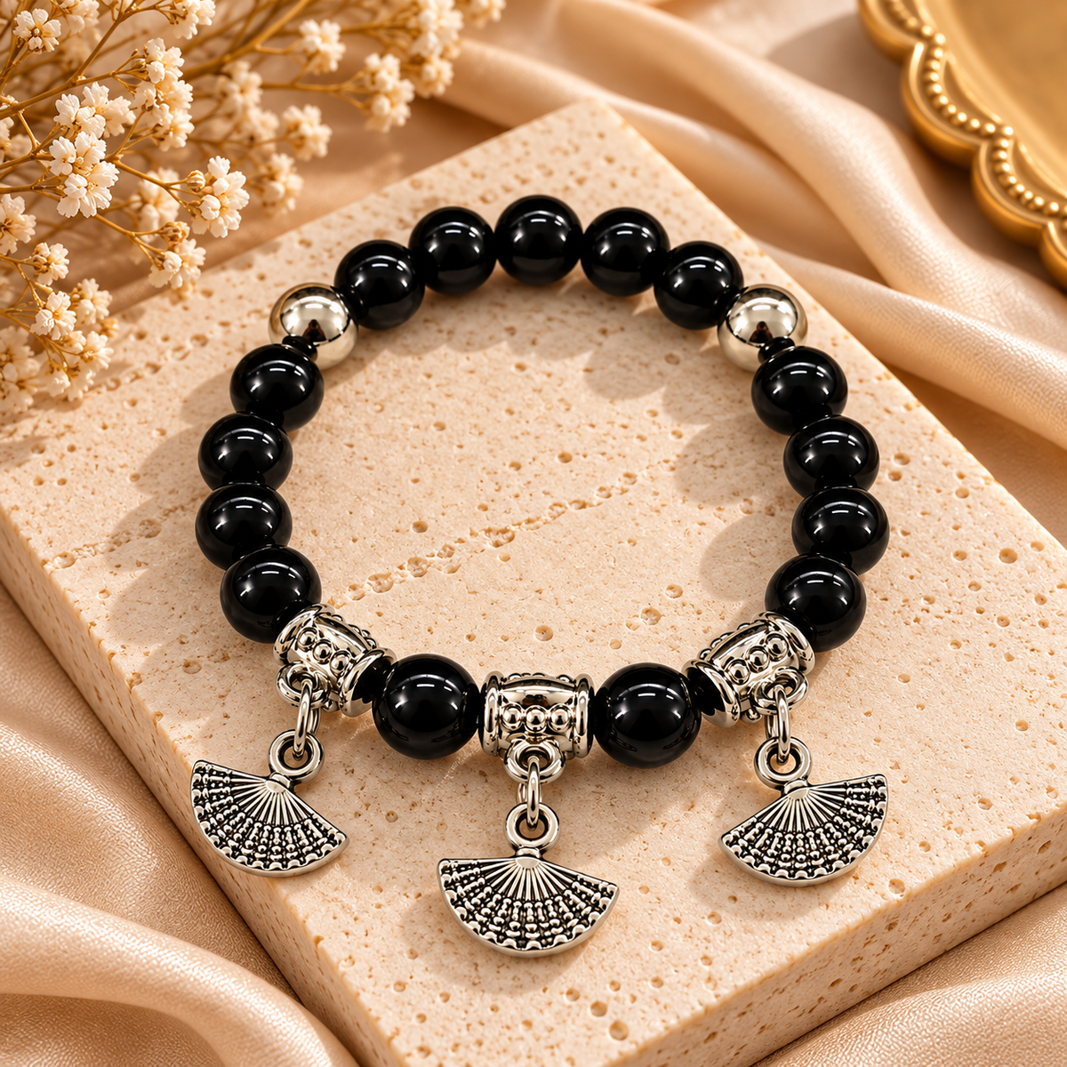 The99Jewel Stylish Black Beaded Hand Fan Charm Bracelet for Women & Girls