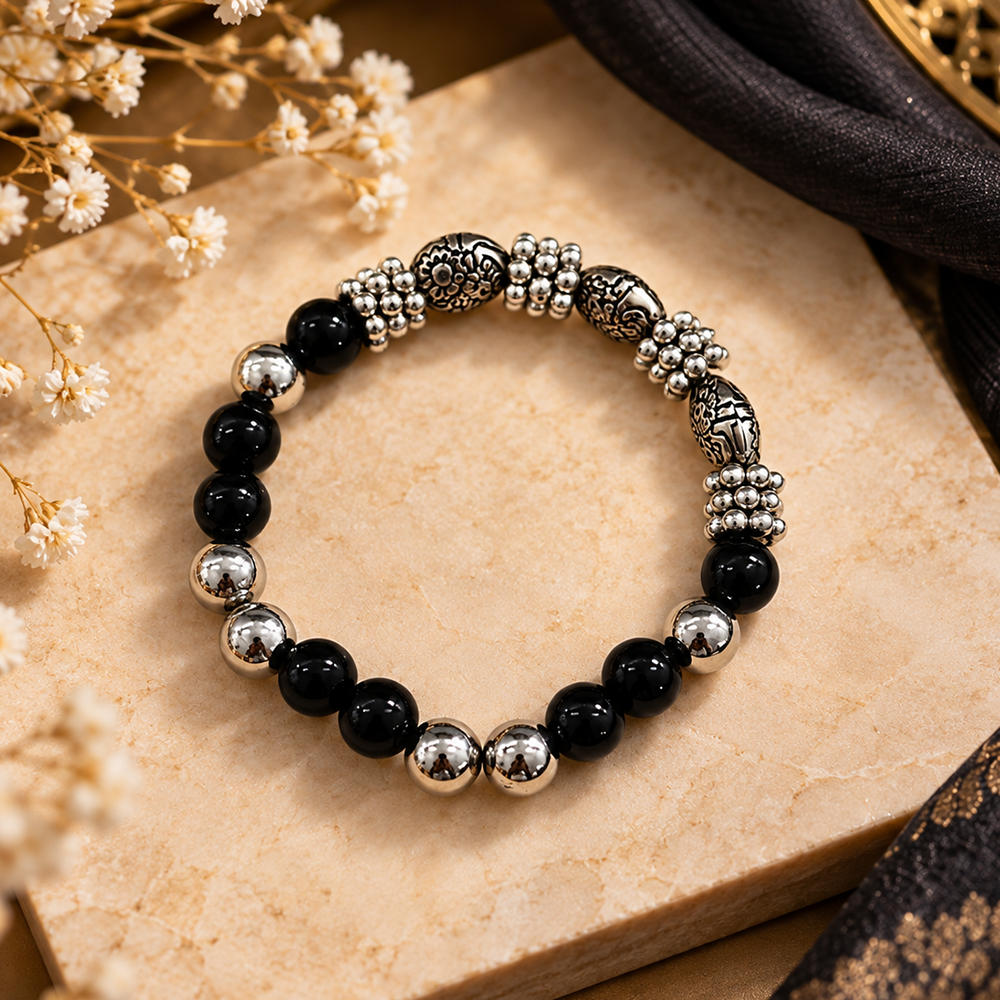 The99Jewel Stylish Black Beaded with Oxidised Charm Bracelet for Women & Girls