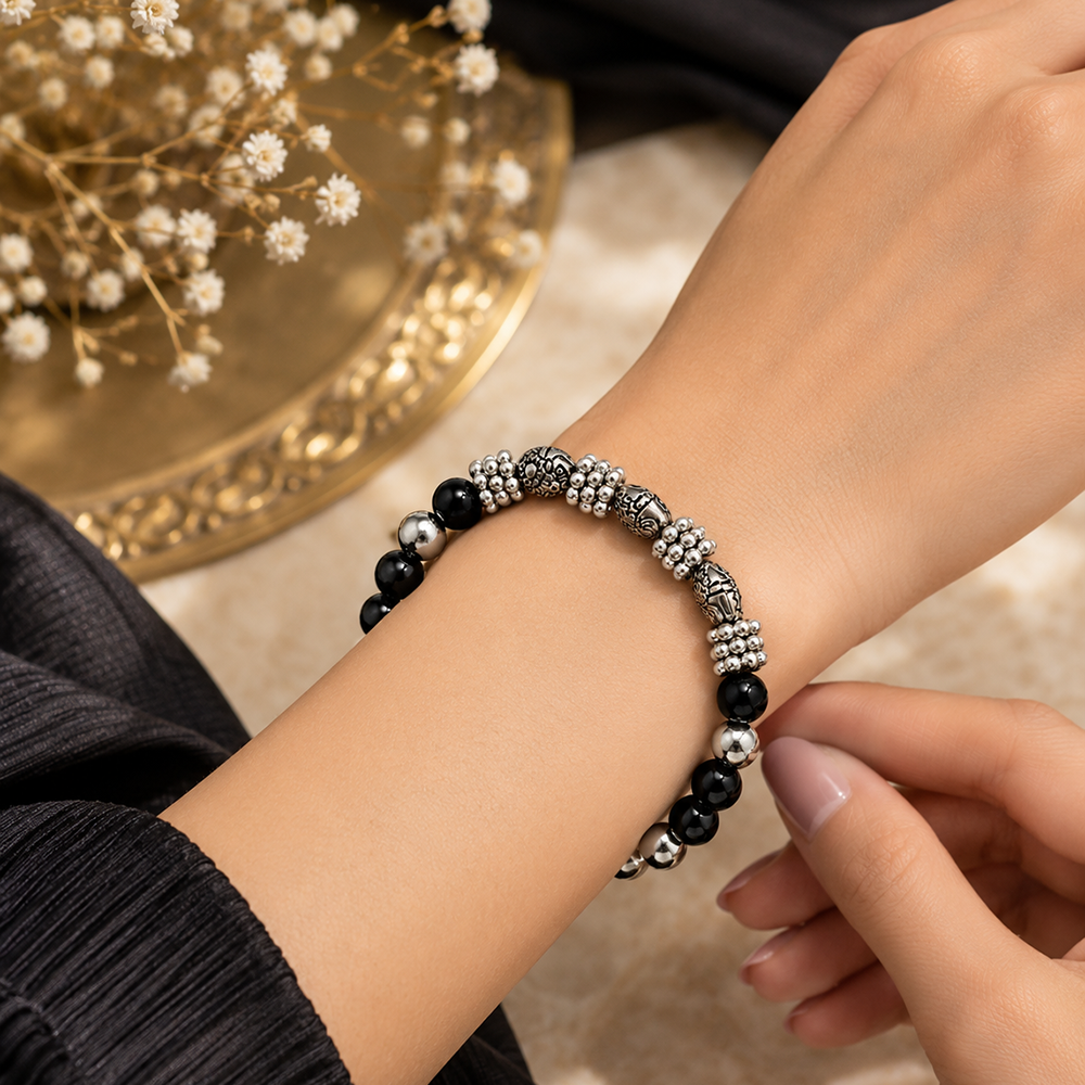 The99Jewel Stylish Black Beaded with Oxidised Charm Bracelet for Women & Girls