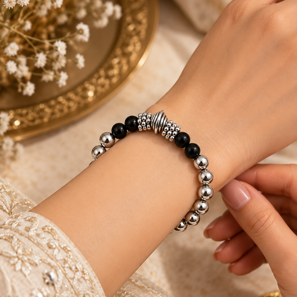 The99Jewel Stylish Black Beaded with Oxidised Charm Bracelet for Women & Girls