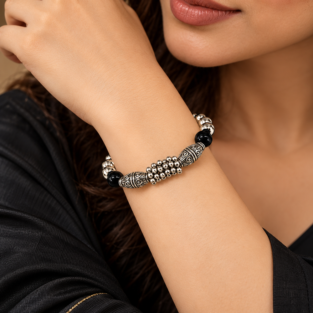 The99Jewel Stylish Black Beaded with Oxidised Charm Bracelet for Women & Girls
