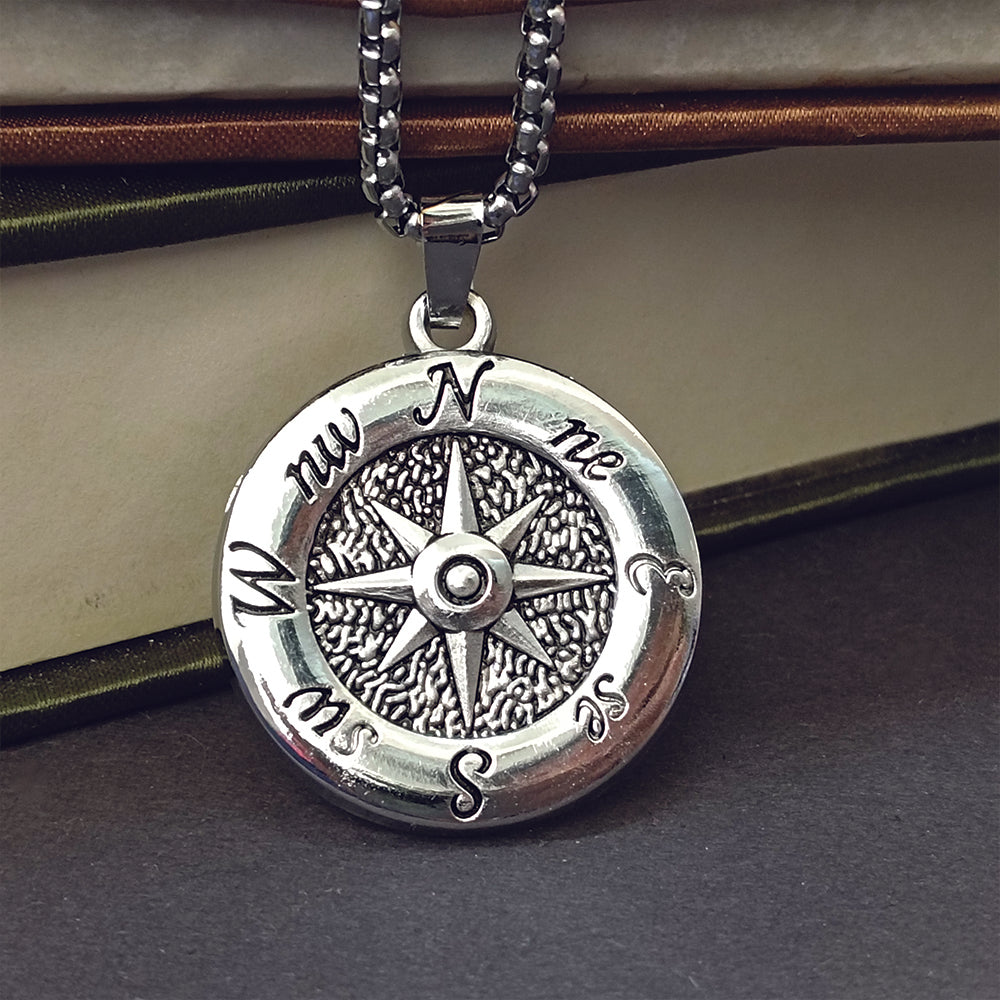 The99Jewel Modern  silver-toned compass Pendant Necklace for Men
