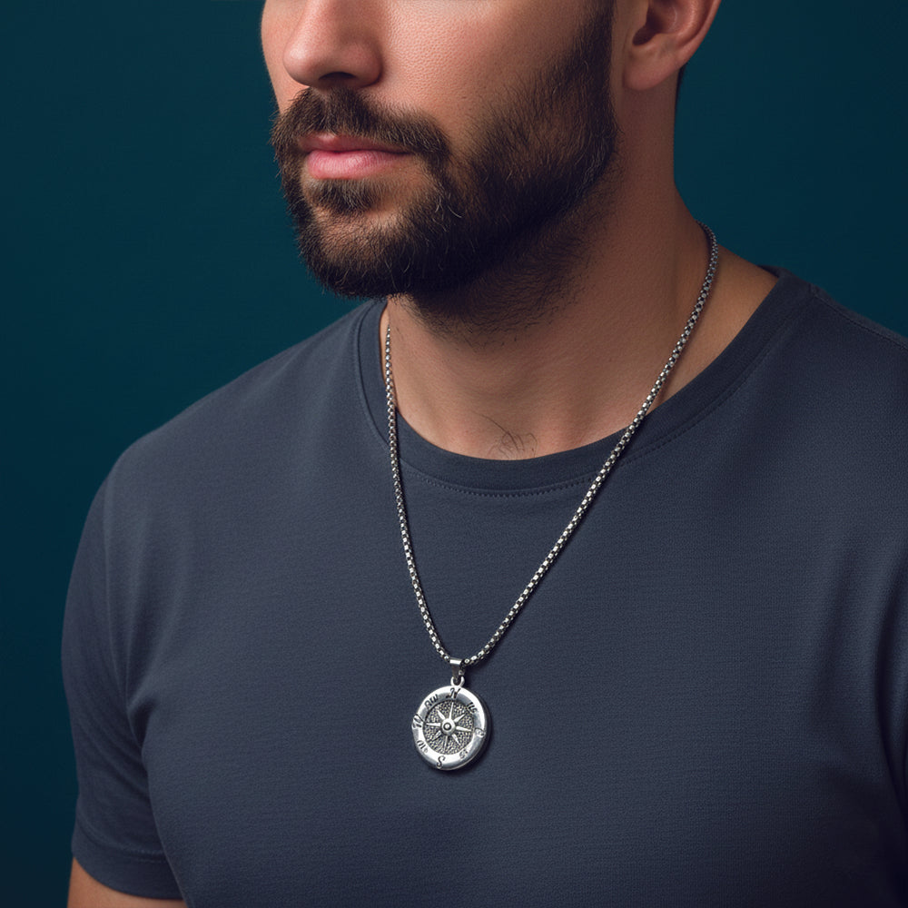 The99Jewel Modern  silver-toned compass Pendant Necklace for Men