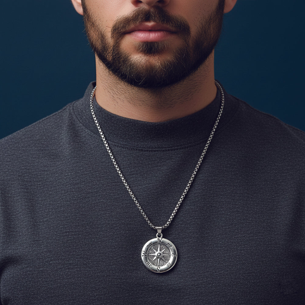 The99Jewel Modern  silver-toned compass Pendant Necklace for Men