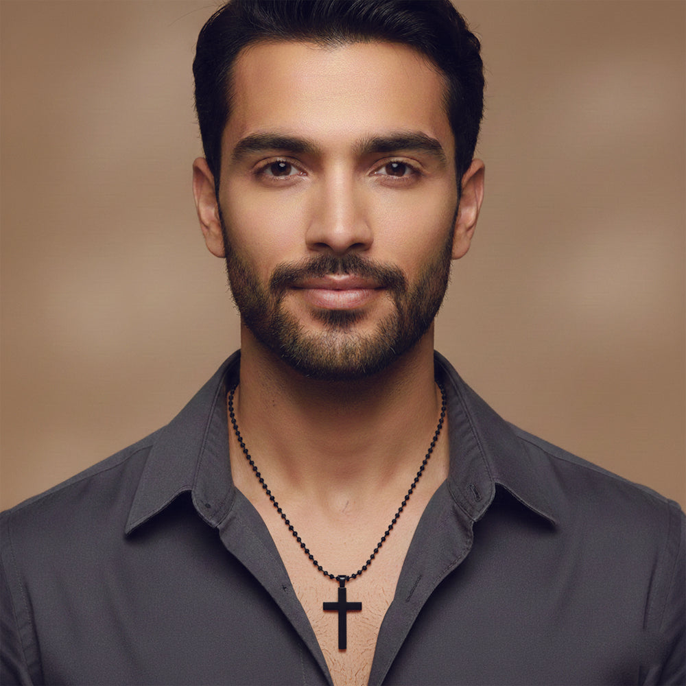 The99Jewel Stylish Black Cross Pendant with Beaded Chain  for Men's