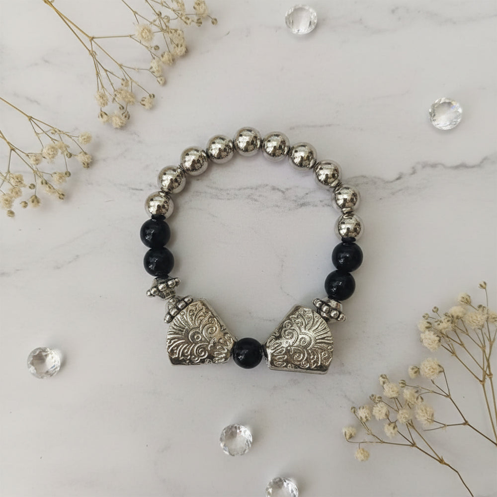 The99Jewel Unisex Black & Silver Beads Stretchable Bracelets