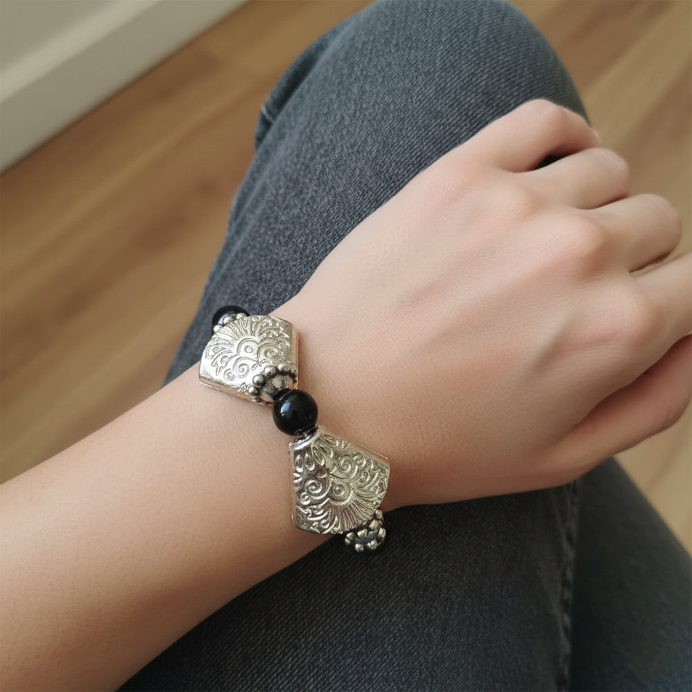 The99Jewel Unisex Black & Silver Beads Stretchable Bracelets