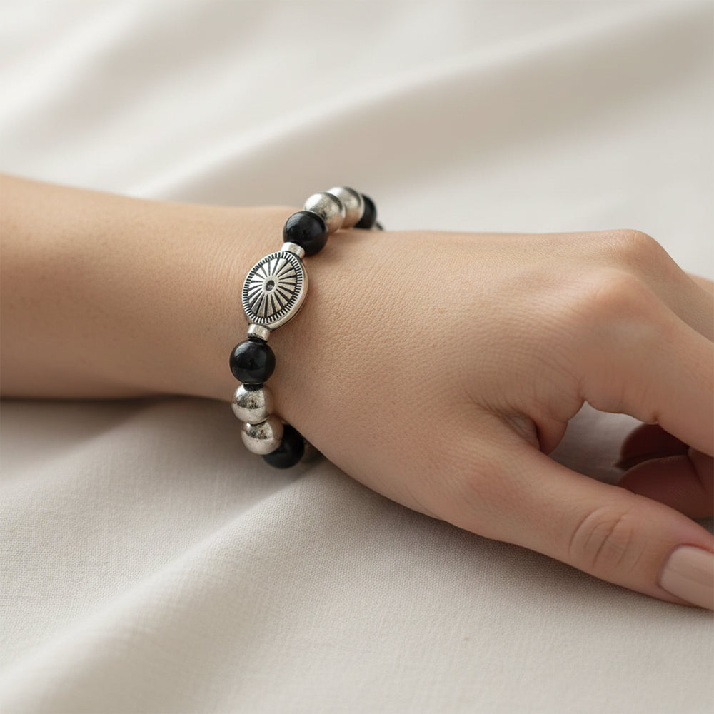 The99Jewel Unisex Black & Silver Beads Stretchable Bracelets