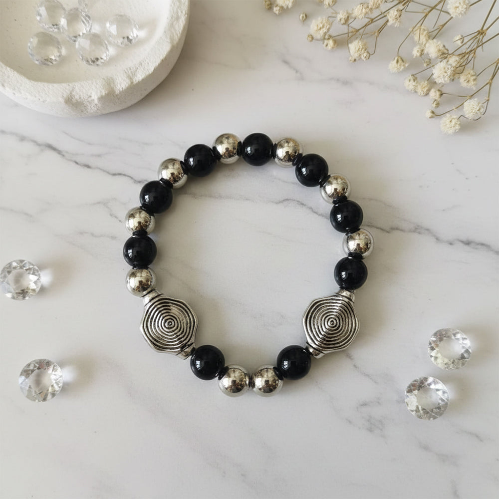 The99Jewel Unisex Black & Silver Beads Stretchable Bracelets
