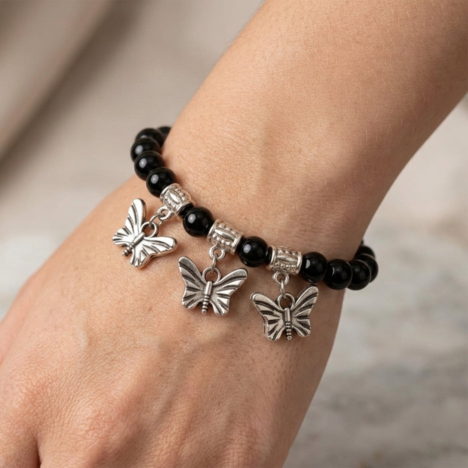 The99Jewel Unisex Black & Silver Beads Stretchable Bracelets