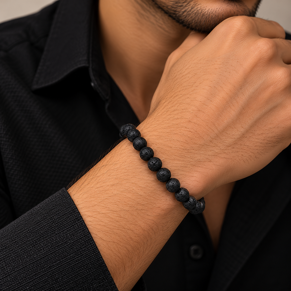 The99Jewel Men's Lava Stone Beads Bracelet | Stylish Black Beaded Wristband for Casual and Party  Wear