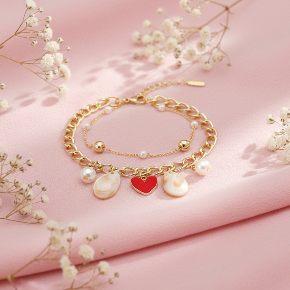 The99Jewel Gold Plated Red Heart Multi Layer Bracelet