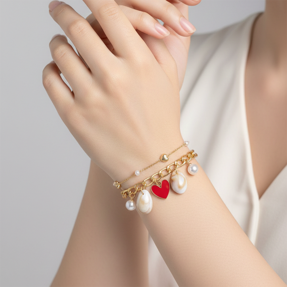 The99Jewel Gold Plated Red Heart Multi Layer Bracelet