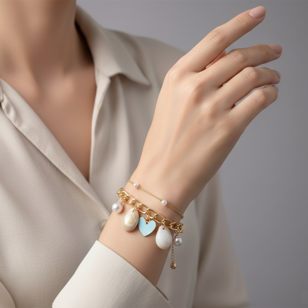 The99Jewel Gold Plated Light Blue Heart Multi Layer Bracelet