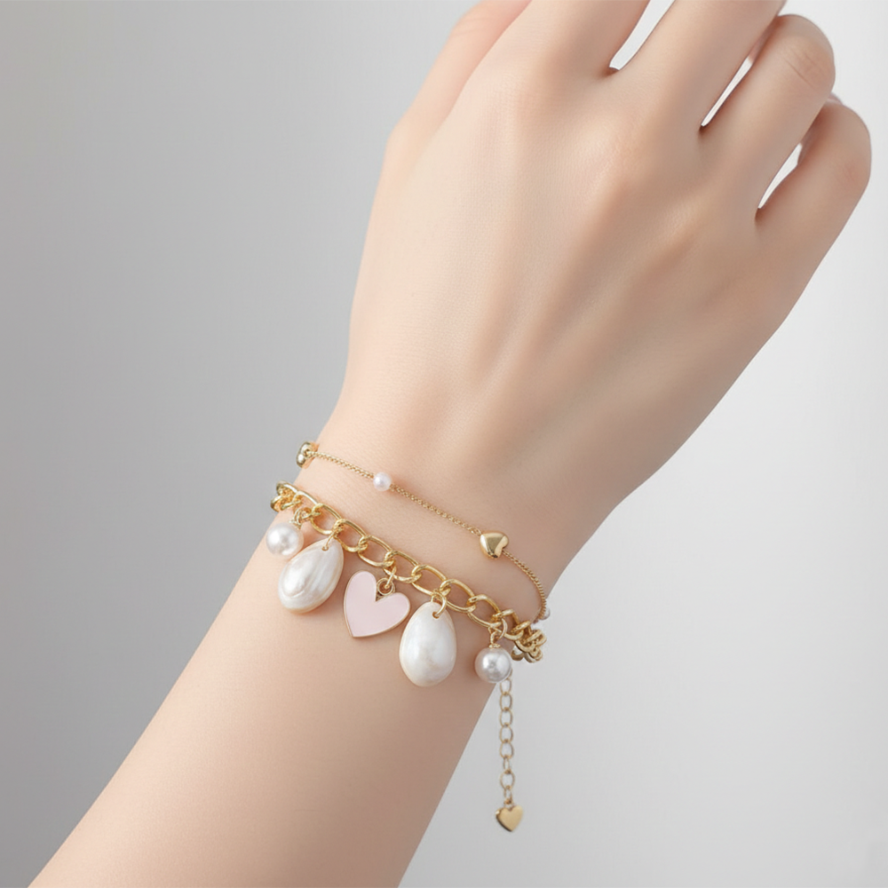 The99Jewel Gold Plated Cream Heart Multi Layer Bracelet