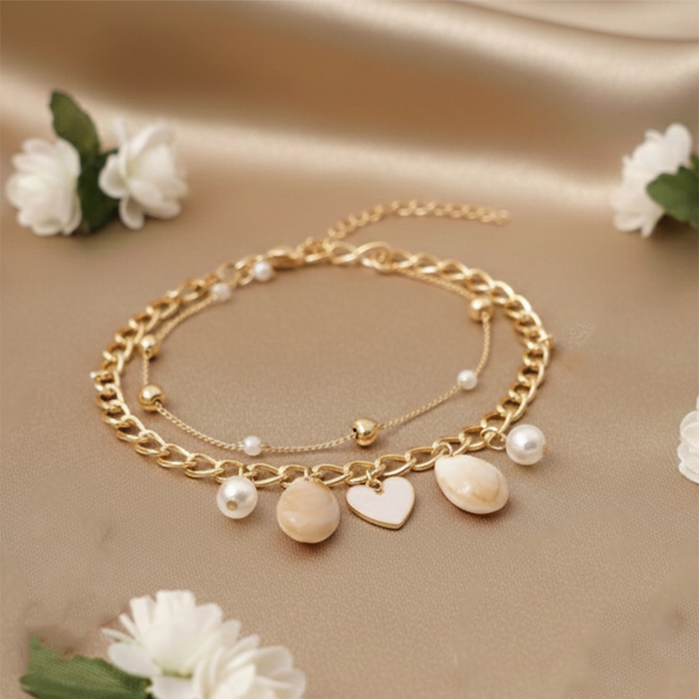 The99Jewel Gold Plated Cream Heart Multi Layer Bracelet
