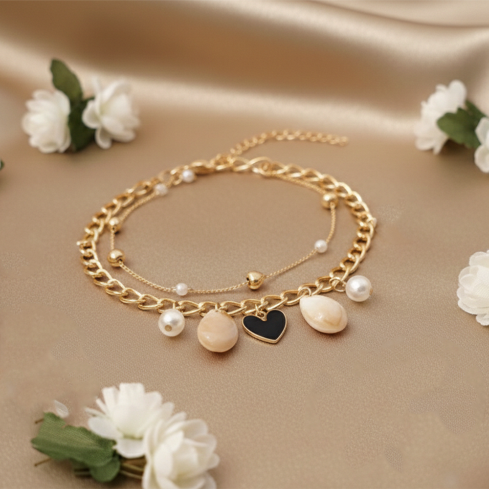 The99Jewel Gold Plated Black Heart Multi Layer Bracelet