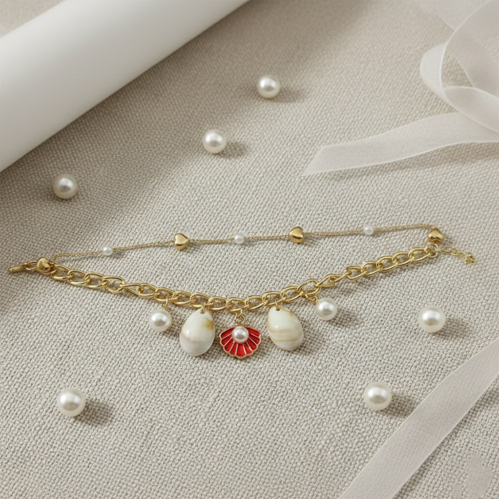 The99Jewel Gold Plated Red Pearl Shell Multi Layer Bracelet