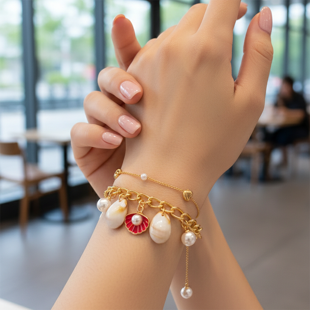 The99Jewel Gold Plated Red Pearl Shell Multi Layer Bracelet