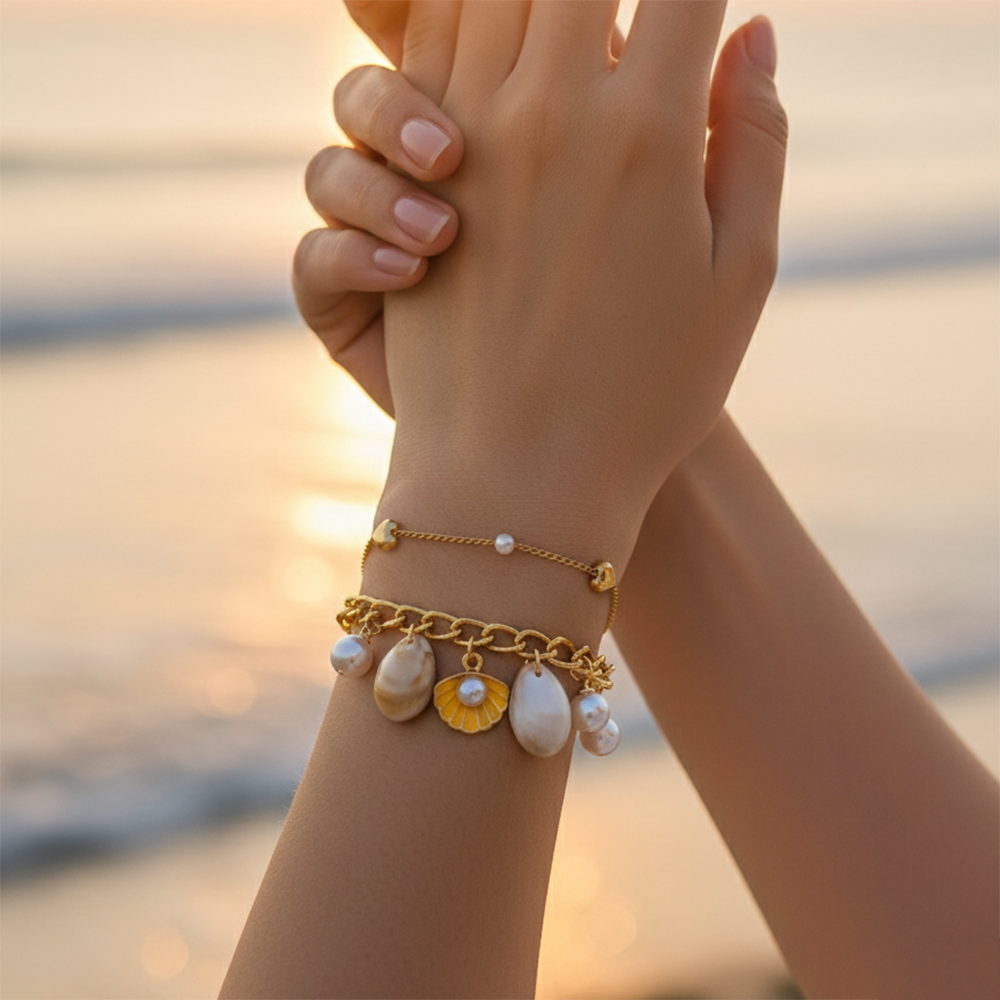 The99Jewel Gold Plated Yellow Pearl Shell Multi Layer Bracelet