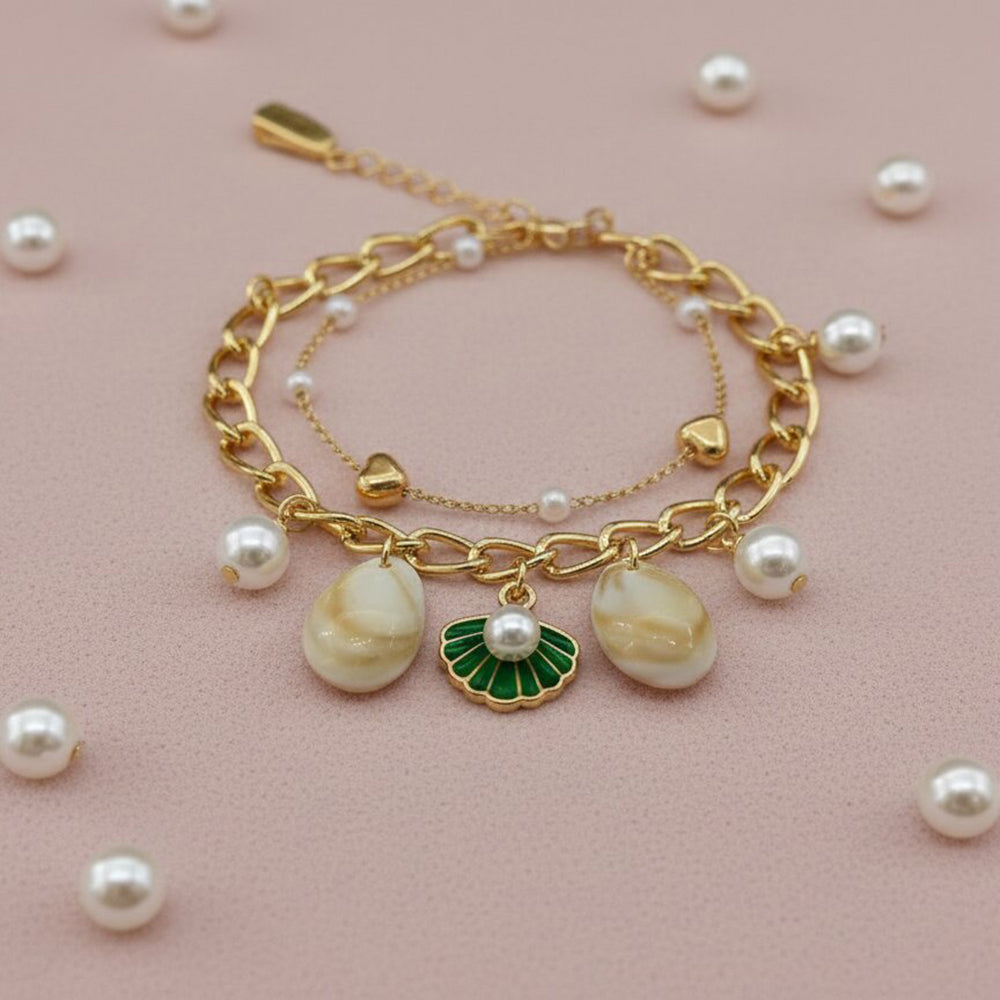 The99Jewel Gold Plated Green Pearl Shell Multi Layer Bracelet