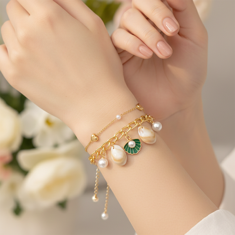 The99Jewel Gold Plated Green Pearl Shell Multi Layer Bracelet