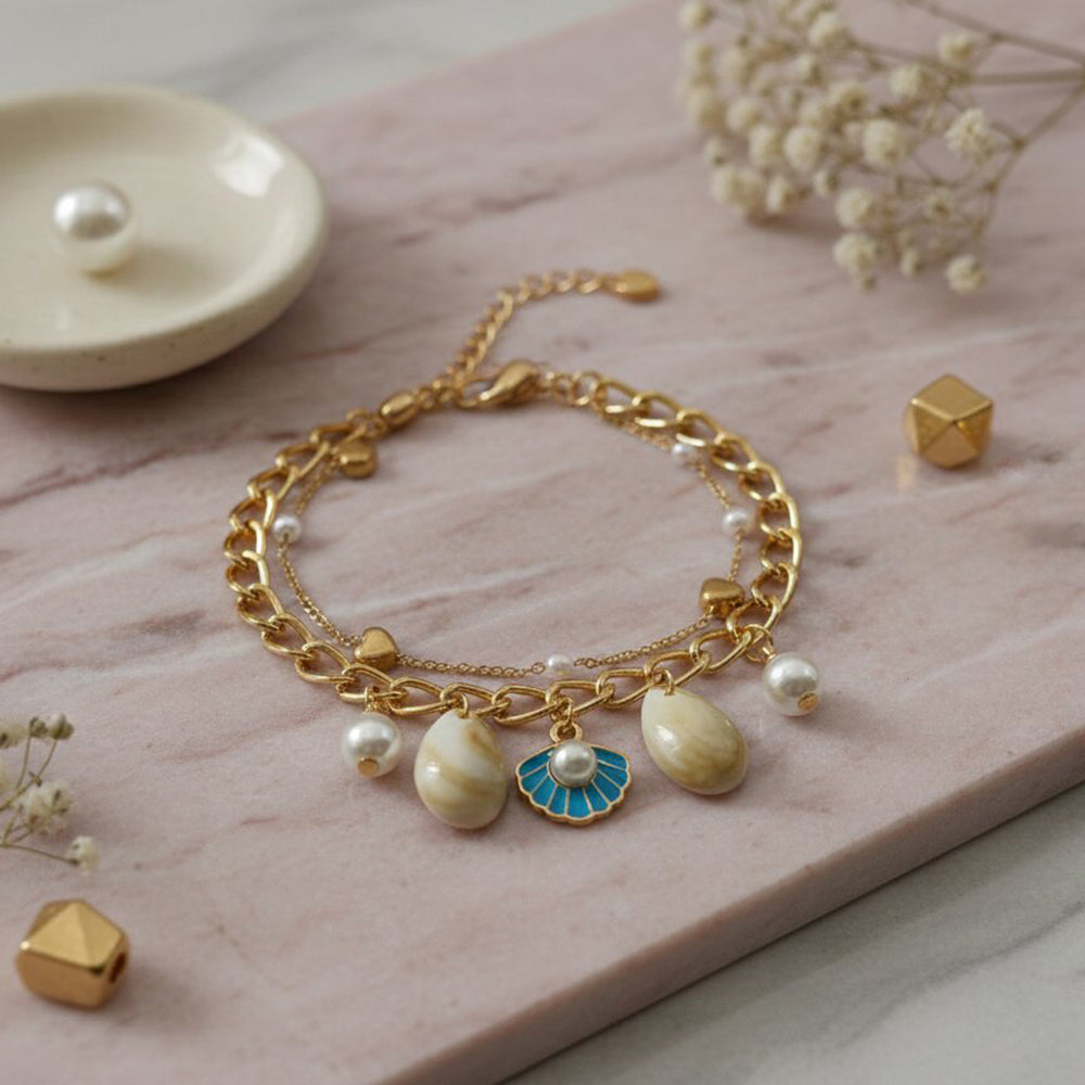 The99Jewel Gold Plated Light Blue Pearl Shell Multi Layer Bracelet
