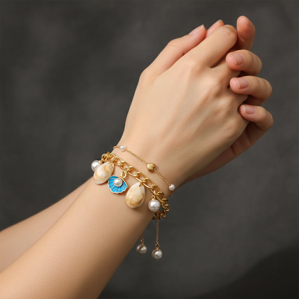 The99Jewel Gold Plated Light Blue Pearl Shell Multi Layer Bracelet