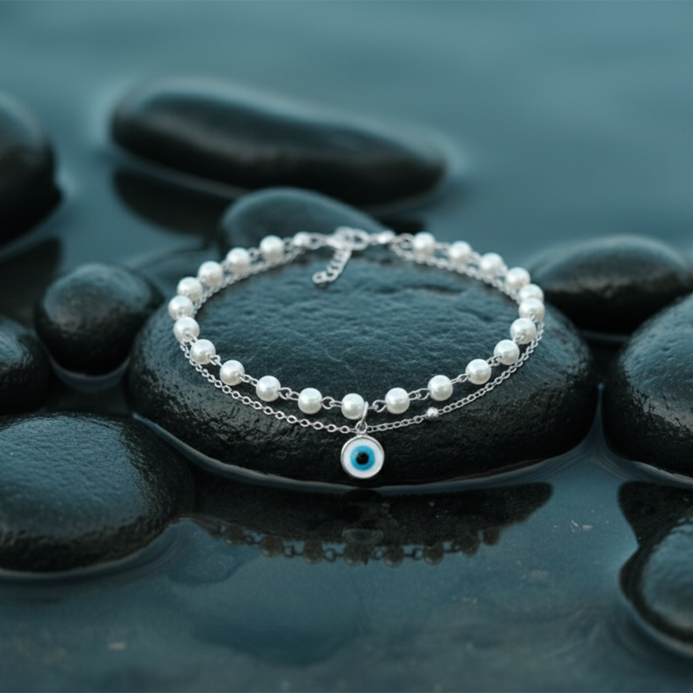 The99Jewel Silver Plated Evil Eye & Pearl Multi Layer Bracelet