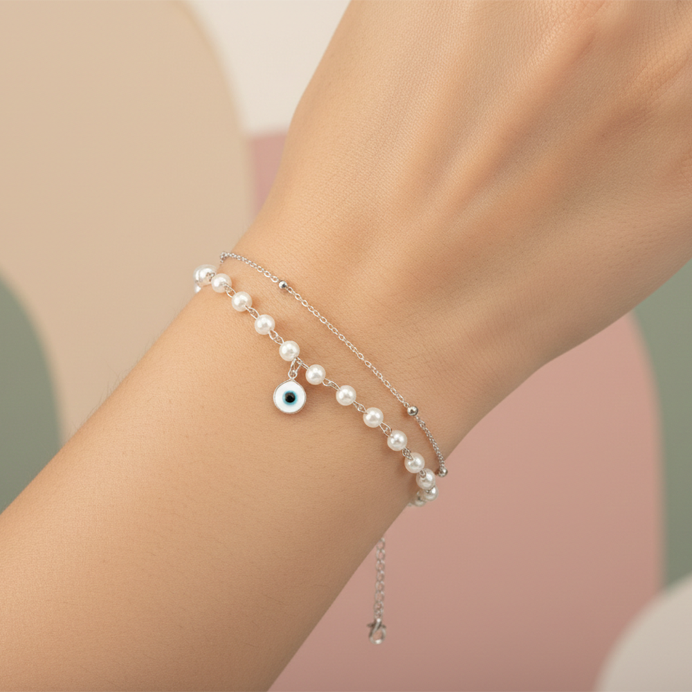 The99Jewel Silver Plated Evil Eye & Pearl Multi Layer Bracelet