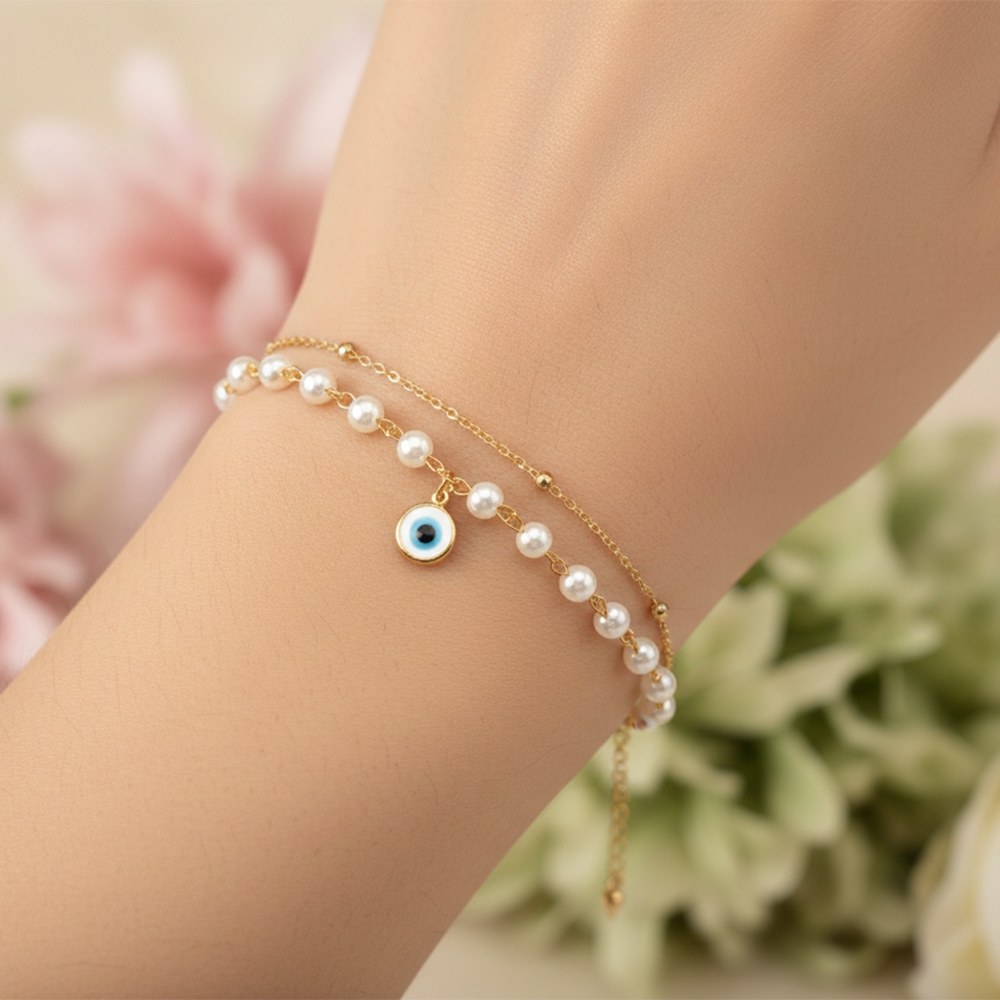 The99Jewel Gold Plated Evil Eye & Pearl Multi Layer Bracelet