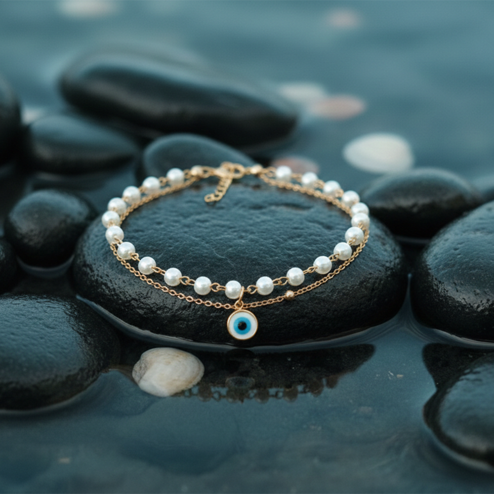 The99Jewel Gold Plated Evil Eye & Pearl Multi Layer Bracelet
