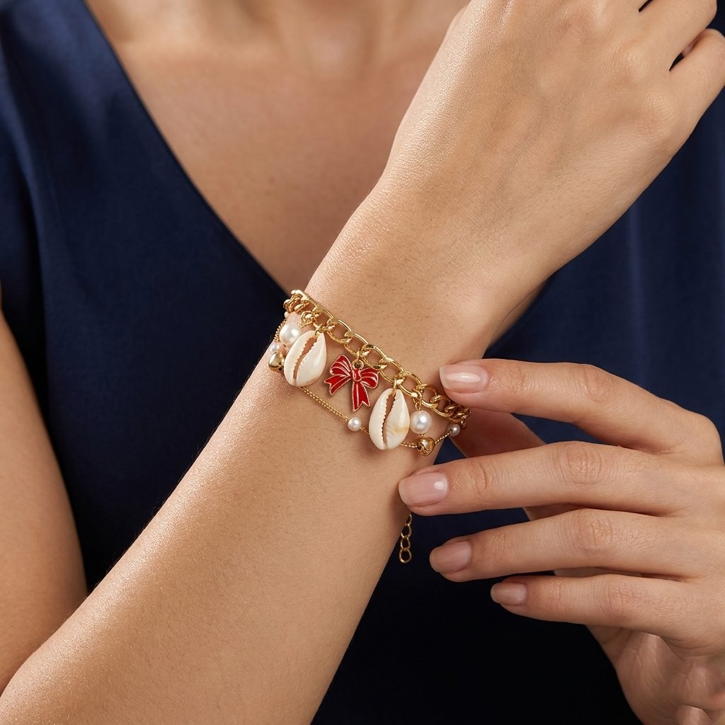The99Jewel Gold Plated Red Bow And Shell Stylish Bracelets