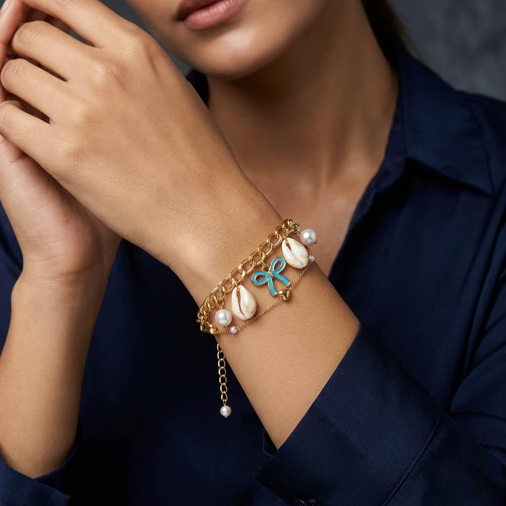 The99Jewel Gold Plated Light Blue Bow And Shell Stylish Bracelets