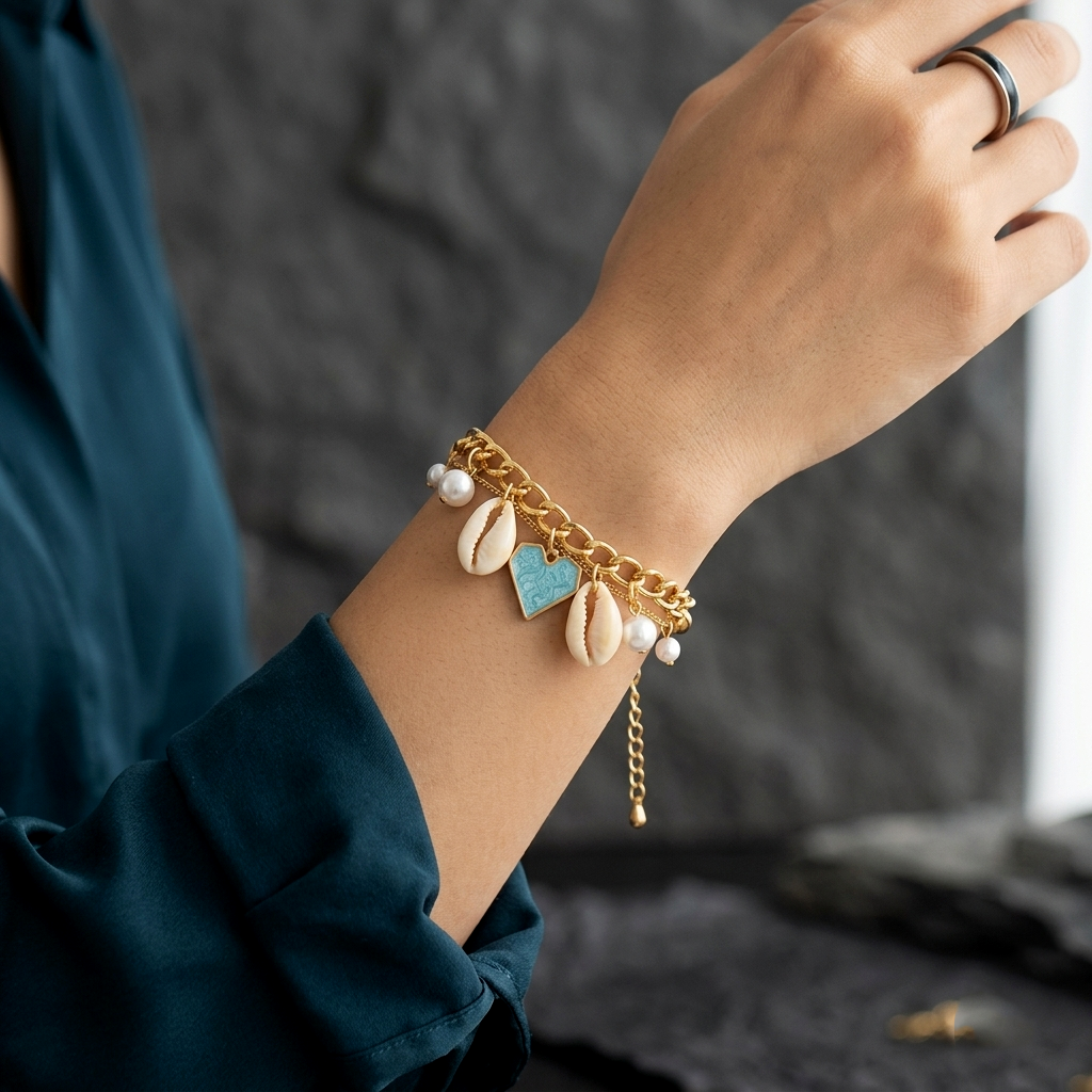 The99Jewel Gold Plated Light Blue Heart And Shell Stylish Bracelets