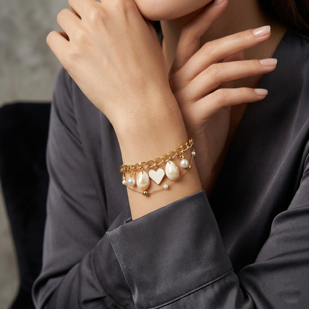 The99Jewel Gold Plated White Heart And Shell Stylish Bracelets