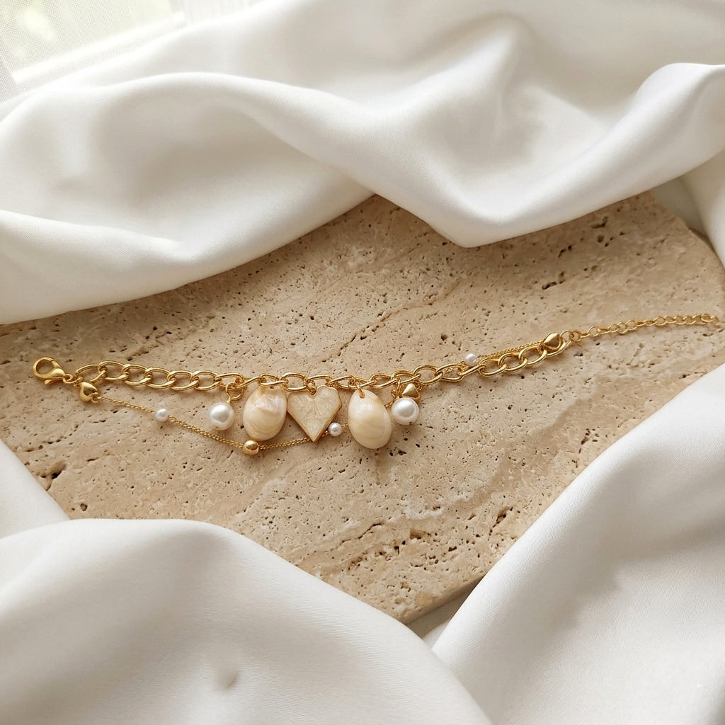 The99Jewel Gold Plated White Heart And Shell Stylish Bracelets