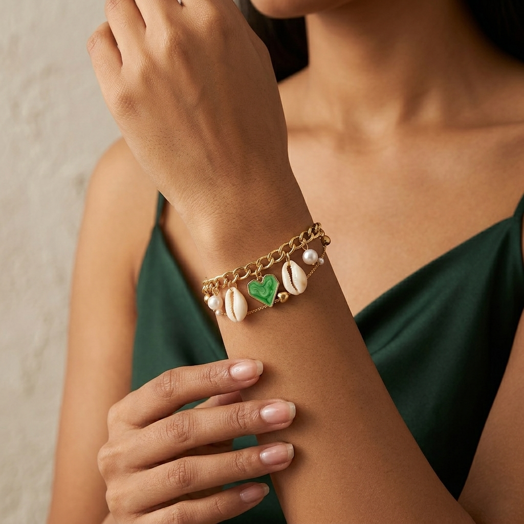 The99Jewel Gold Plated Green Heart And Shell Stylish Bracelets