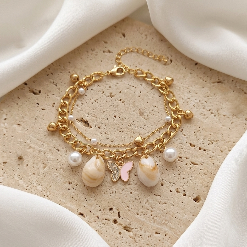 The99Jewel Gold Plated Pink Butterfly And Shell Stylish Bracelets
