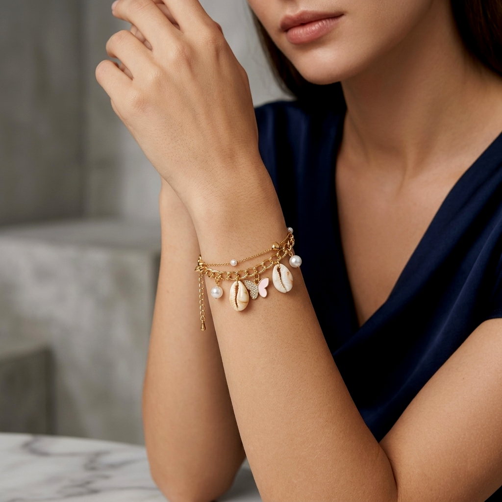 The99Jewel Gold Plated Pink Butterfly And Shell Stylish Bracelets