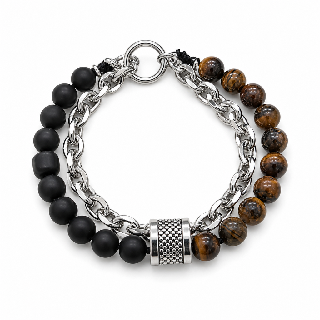 The99Jewel Tiger Eye And Black Beads Chain Bracelet For Mens