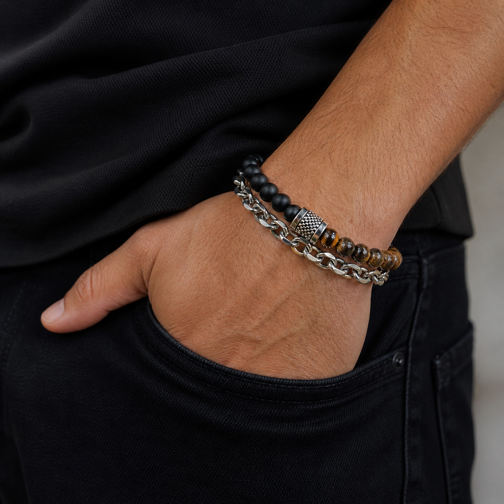 The99Jewel Tiger Eye And Black Beads Chain Bracelet For Mens