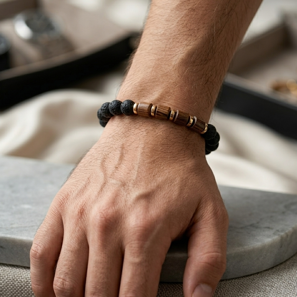 The99Jewel Natural Lava Bead And Wooden Bracelet For Mens