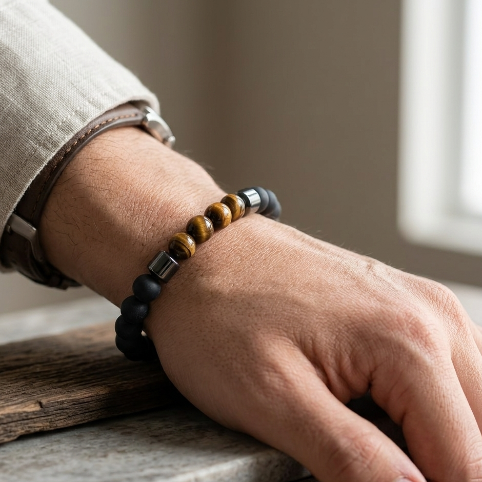 The99Jewel Tiger Eye And Black Beads Bracelet For Mens
