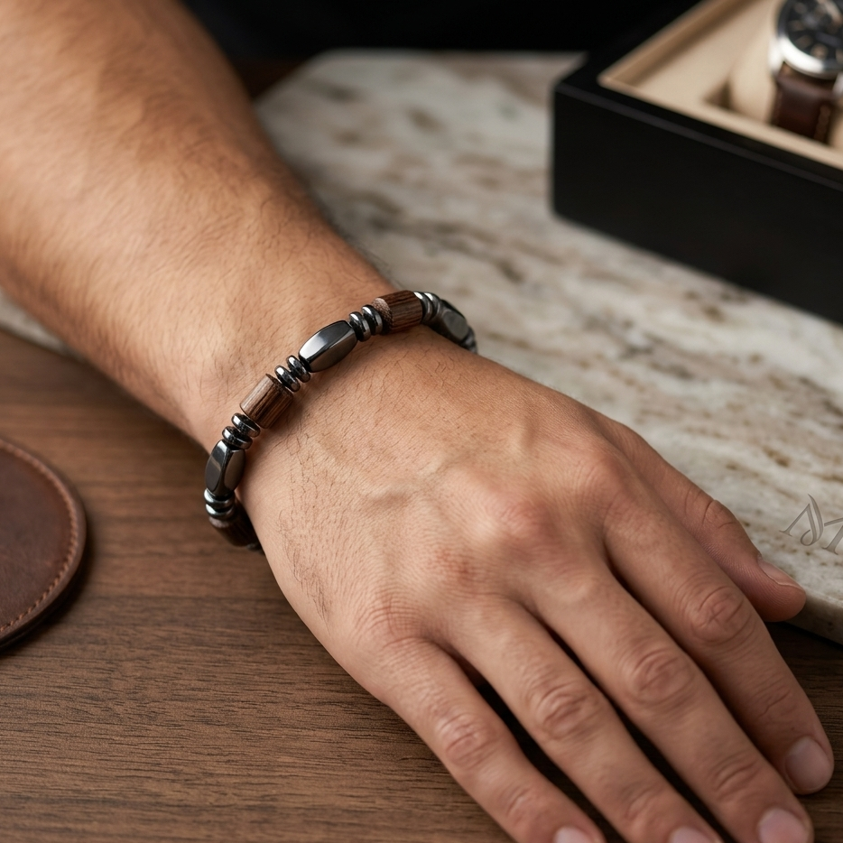 The99Jewel Classic Hematite Wooden Stretch Bracelet For Mens